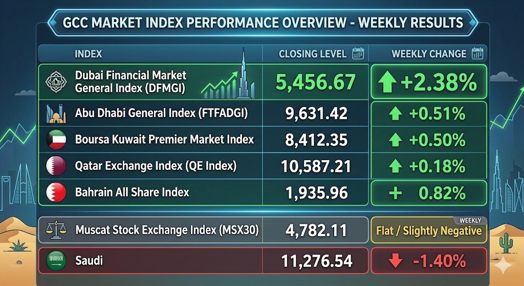 GCC Market Index Performance Overview — Weekly Results across Dubai, Abu Dhabi, Boursa Kuwait, Qatar, Bahrain, Muscat, and Saudi exchanges
