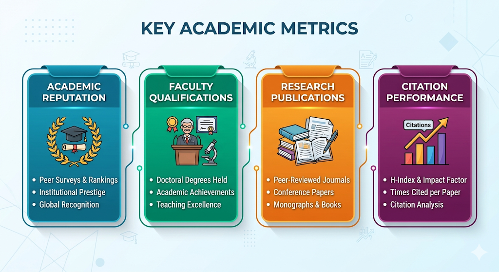 Figure 1: Key Academic Metrics — Academic Reputation, Faculty Qualifications, Research Publications, Citation Performance